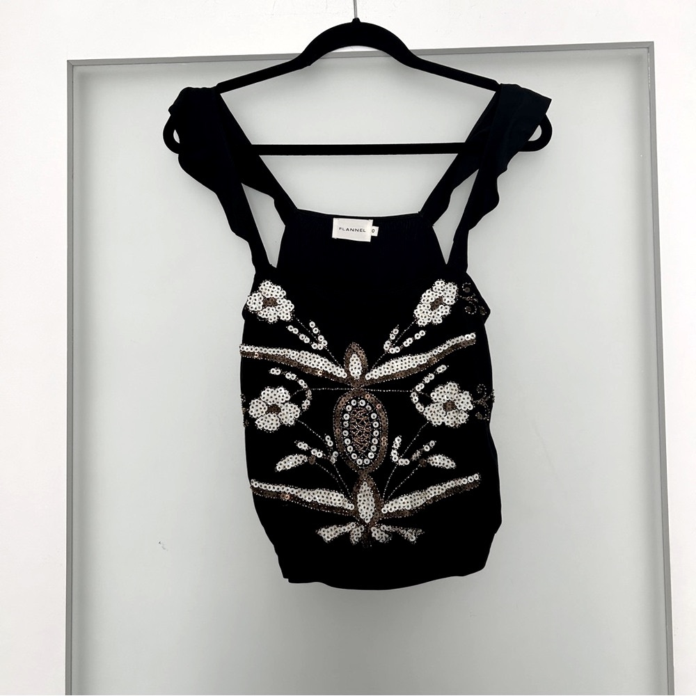 FLANNEL black hand beaded ruffle sleeve blouse tank 0